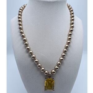 Vintage Monet Gold-Tone Pearlescent Beaded Necklace with Citrine Colored Charm